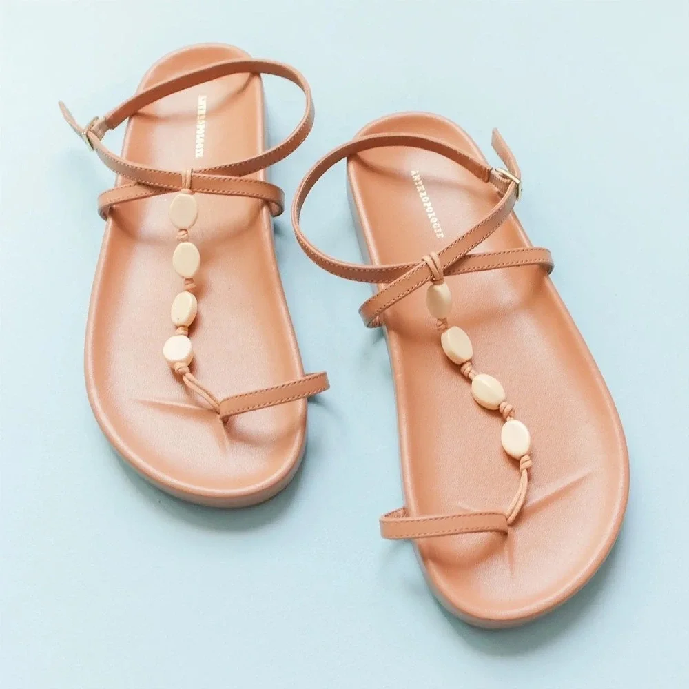 Anthropologie‎ Toe Loop Shell Sandals Tan Leather Ankle Strap Thongs Coastal W 7